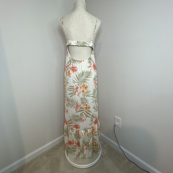 Vestique Floral Full Button Thigh Slit V Neck Maxi Dress Tropical Boho Womens L - Picture 3 of 10